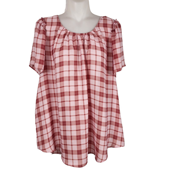 LC Lauren Conrad Womens Plaid Top XL Ruffle Flutter Sleeve Tie Neck Lightweight - Picture 1 of 11